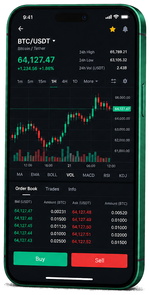 Akcjovekt mobile trading platform — live BTC/USDT chart, order book and buy/sell interface